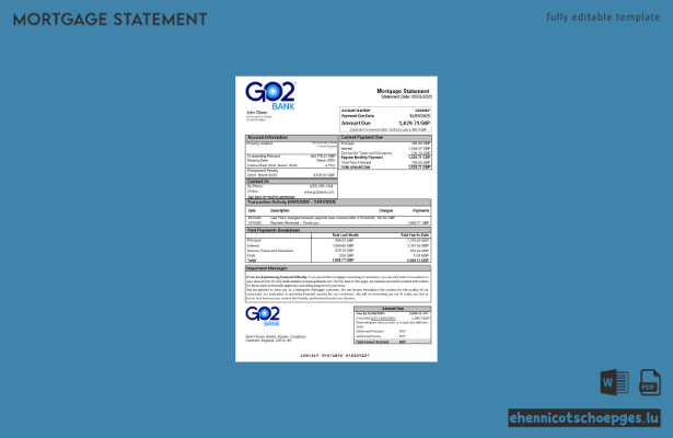 GO2-Bankhypothekenauszug aus Großbritannien in Word- und PDF-Formaten – Beispielvorschau